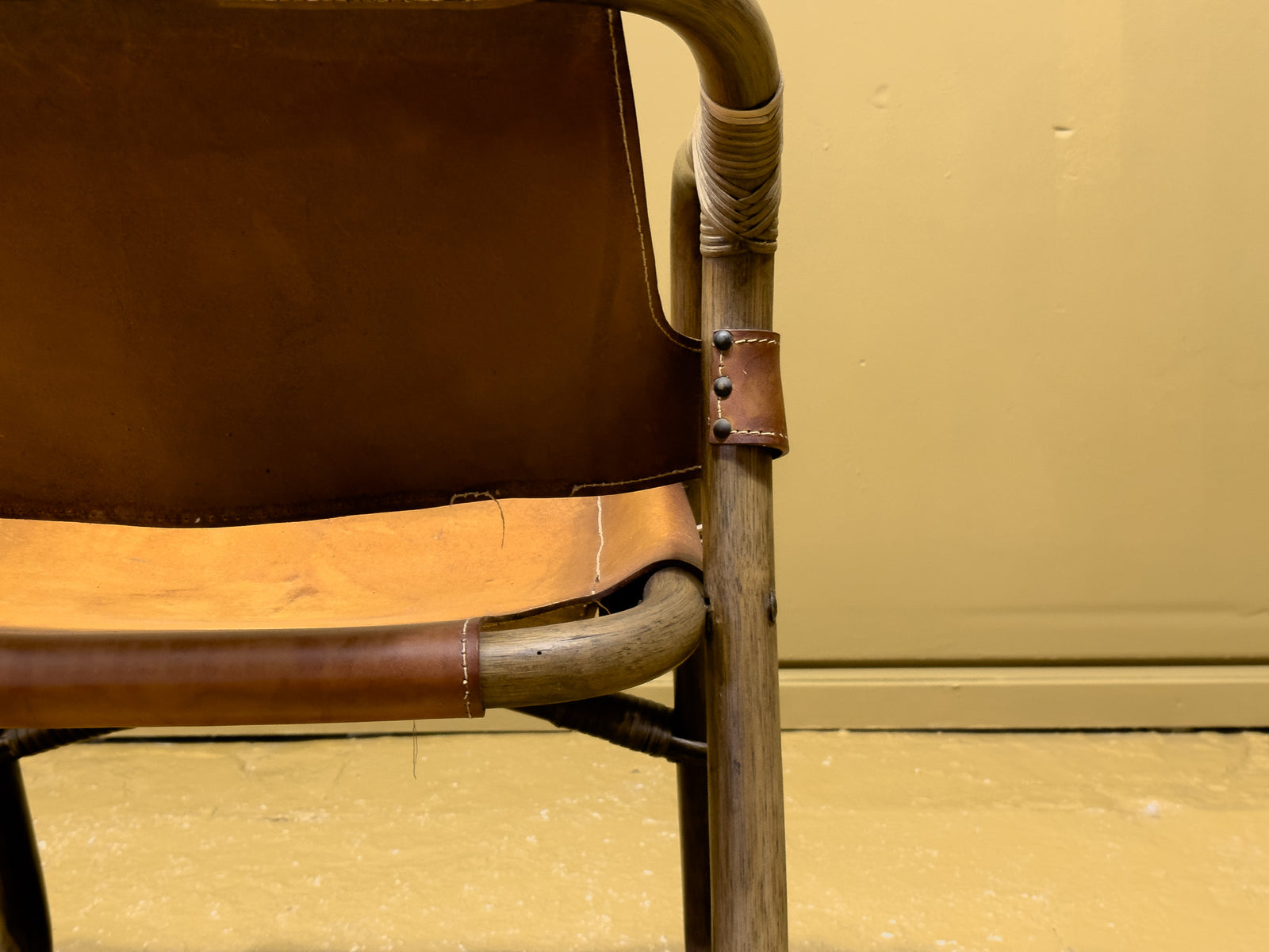 Set of 7 Bamboo and Saddle Leather Chairs by Horsnaes