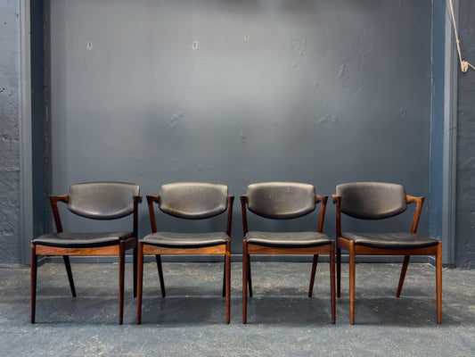 Set of 4 Kai Kristiansen Rosewood and Black Leather Model 42 Dining Chairs