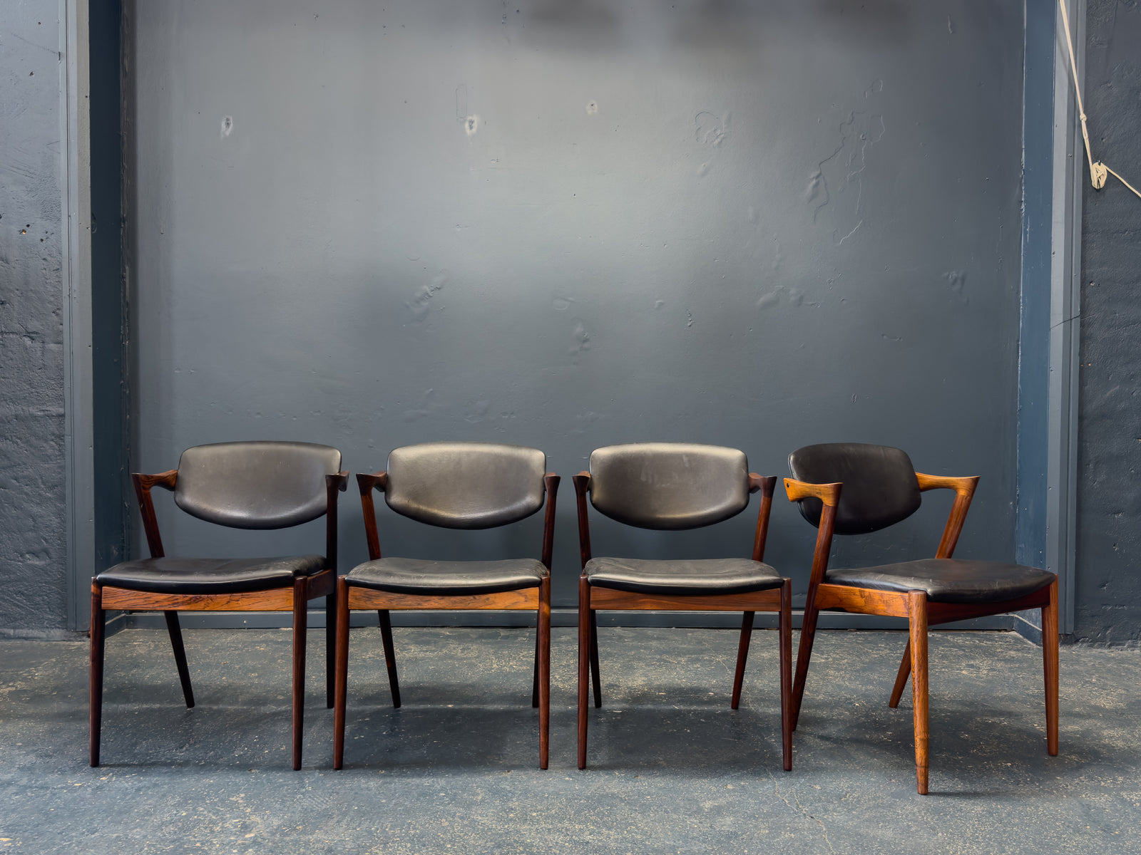 Set of 4 Kai Kristiansen Rosewood and Black Leather Model 42 Dining Chairs