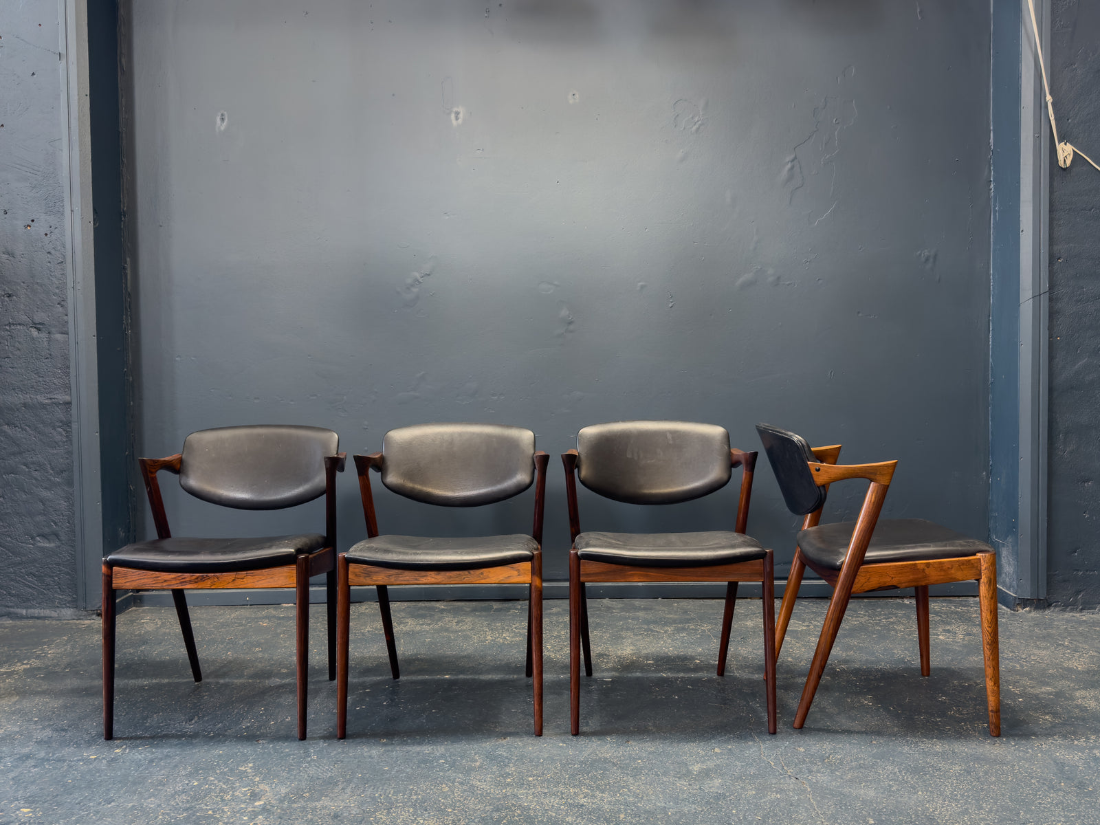 Set of 4 Kai Kristiansen Rosewood and Black Leather Model 42 Dining Chairs