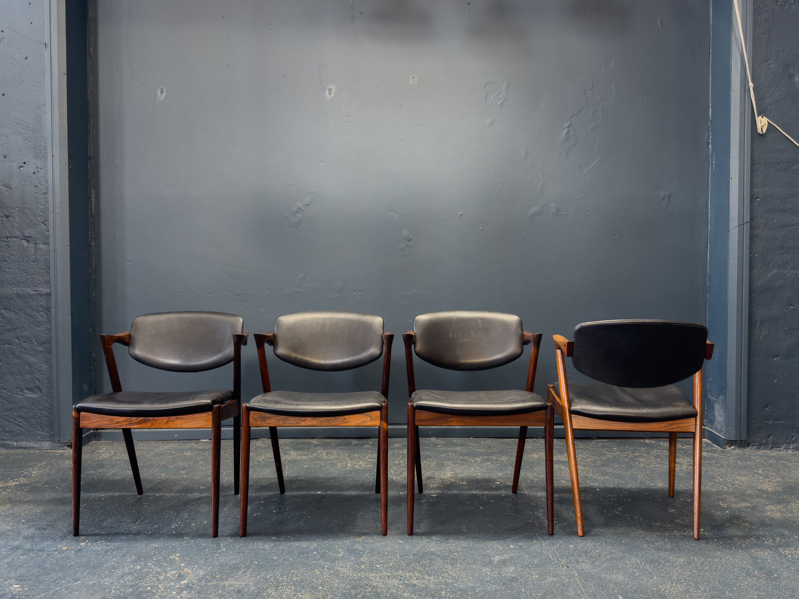 Set of 4 Kai Kristiansen Rosewood and Black Leather Model 42 Dining Chairs