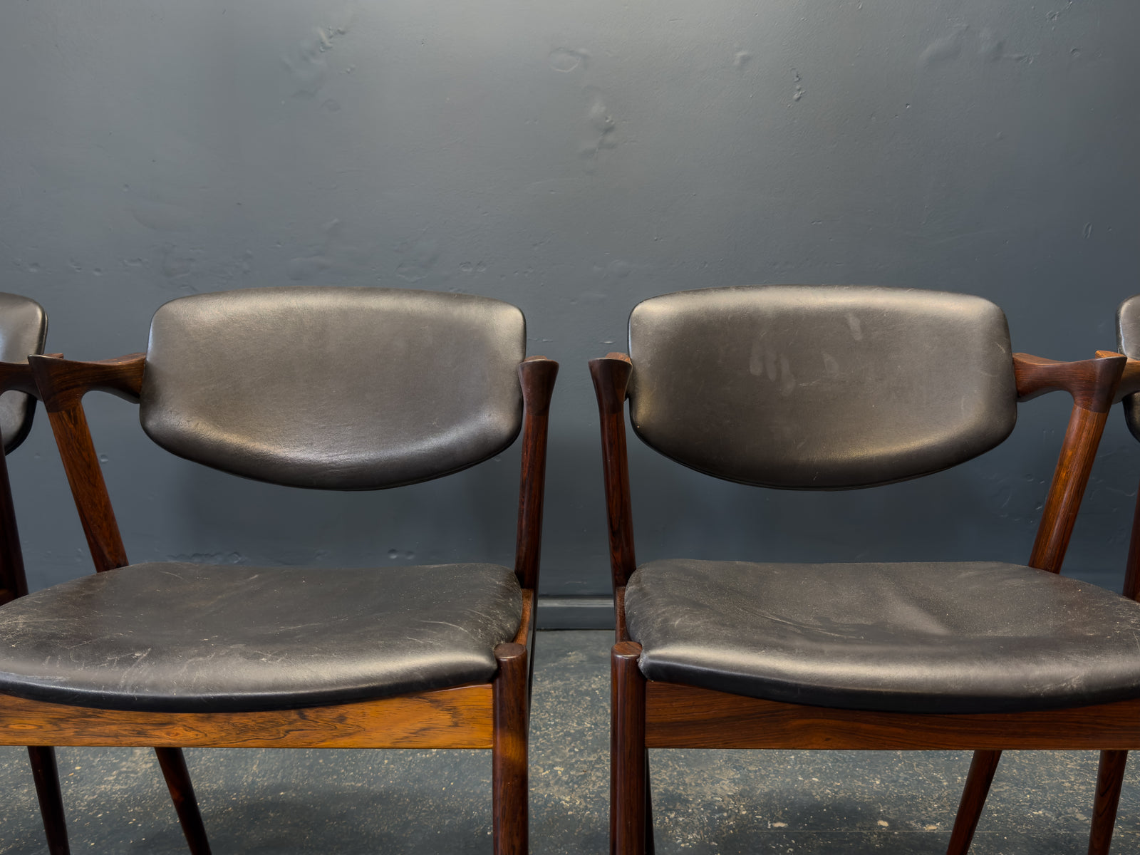 Set of 4 Kai Kristiansen Rosewood and Black Leather Model 42 Dining Chairs