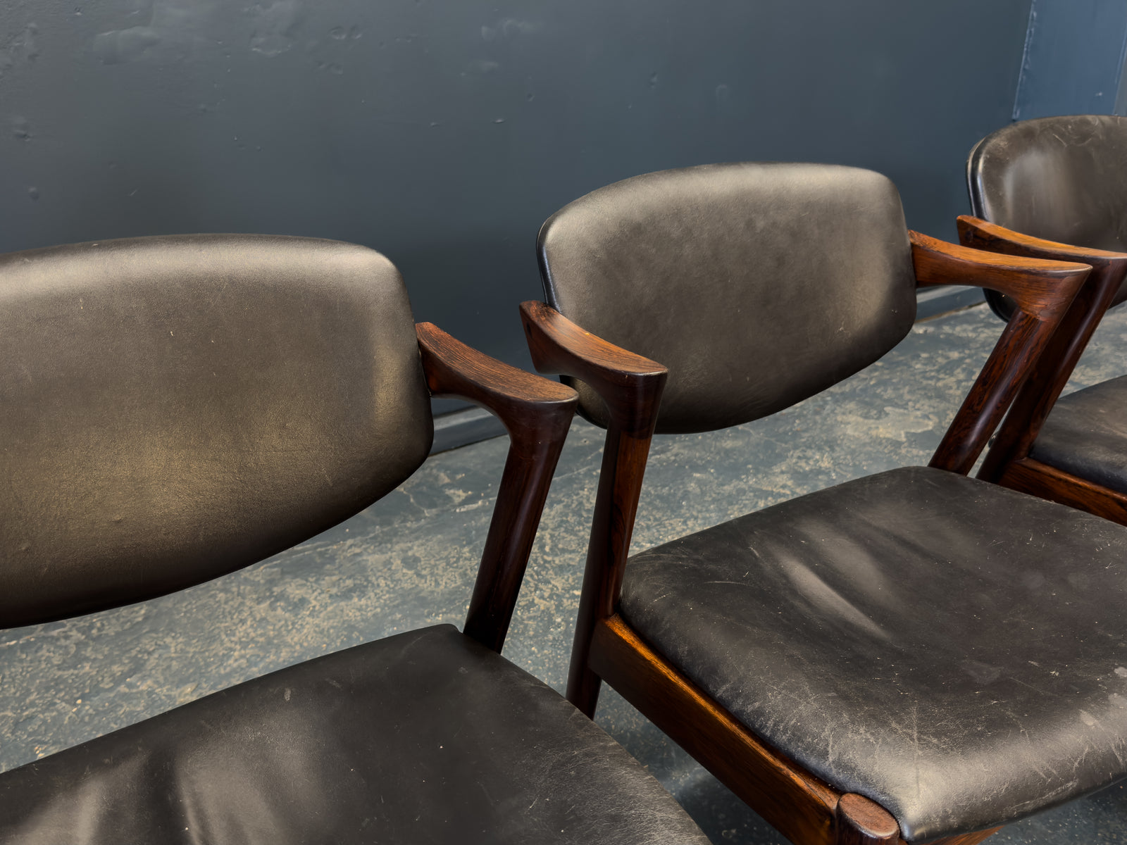 Set of 4 Kai Kristiansen Rosewood and Black Leather Model 42 Dining Chairs