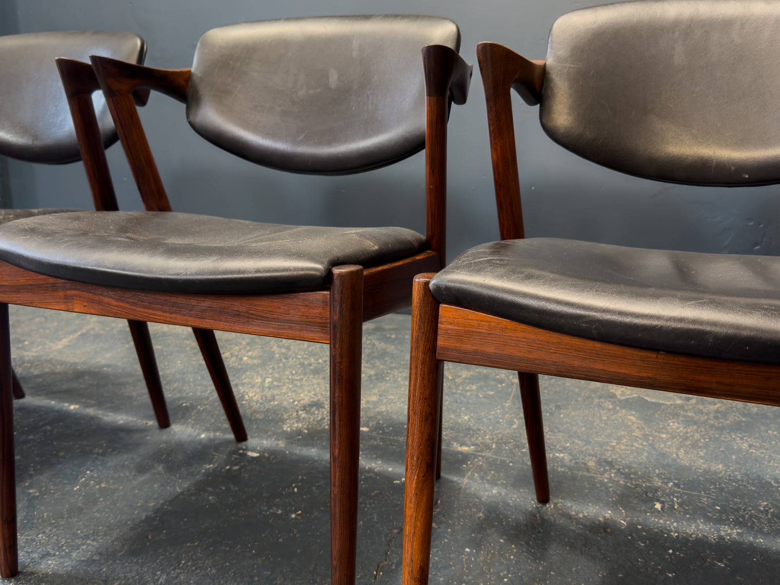 Set of 4 Kai Kristiansen Rosewood and Black Leather Model 42 Dining Chairs
