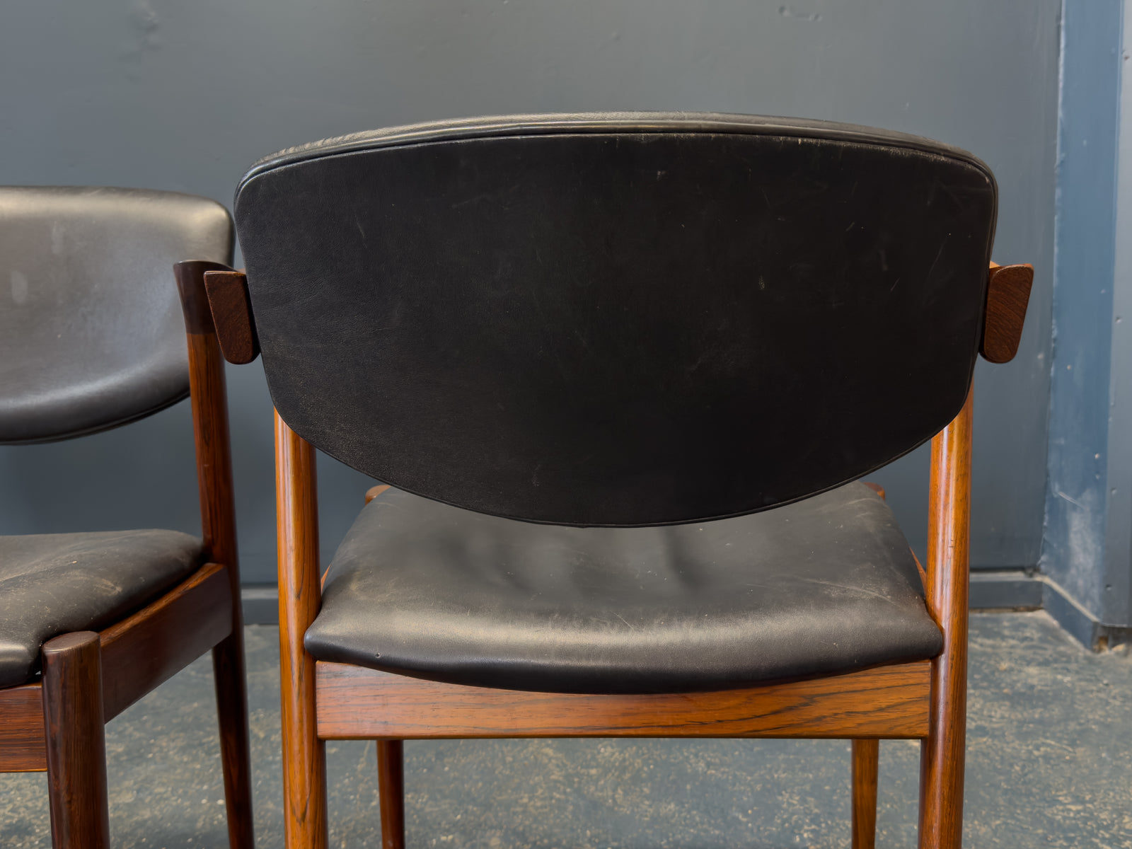 Set of 4 Kai Kristiansen Rosewood and Black Leather Model 42 Dining Chairs