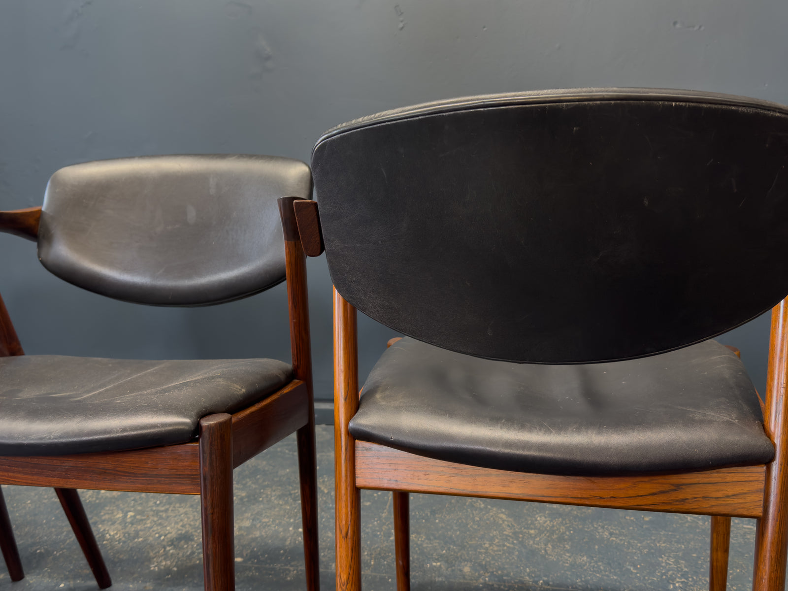 Set of 4 Kai Kristiansen Rosewood and Black Leather Model 42 Dining Chairs