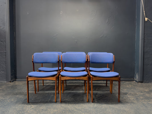 Set of 6 Erik Buch Model 49 Rosewood and Blue Upholstered Dining Chairs