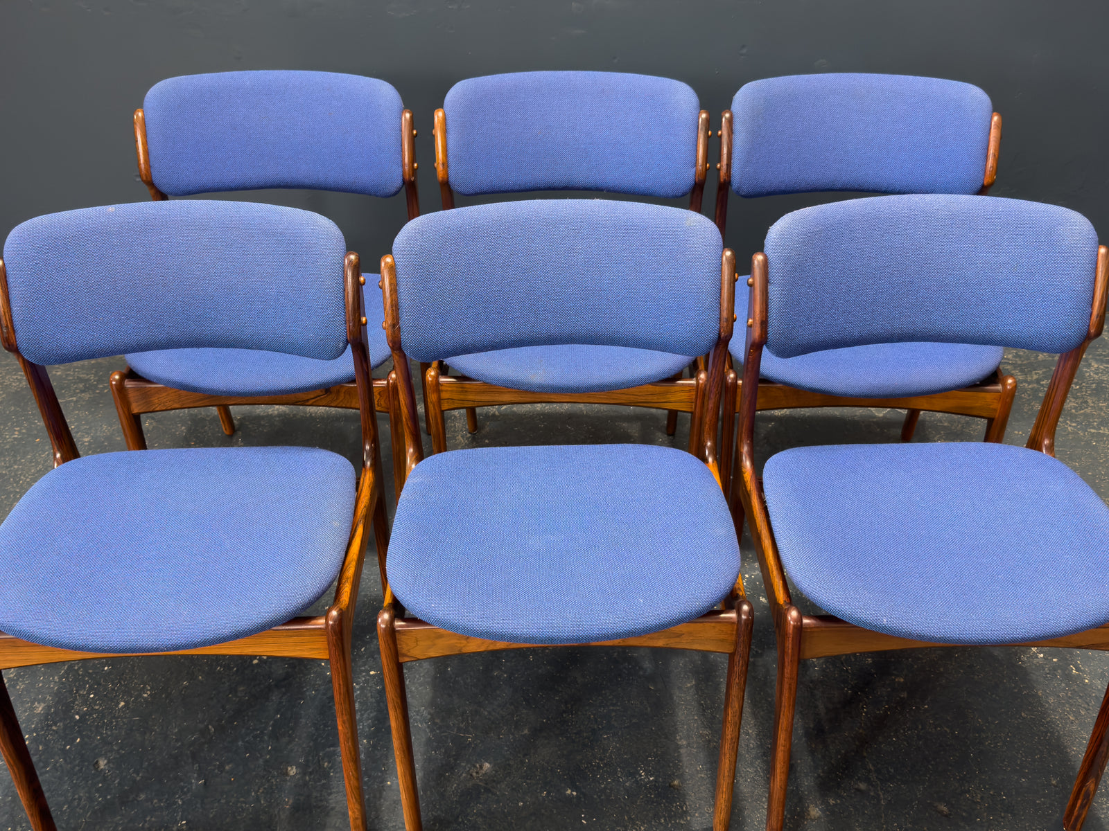 Set of 6 Erik Buch Model 49 Rosewood and Blue Upholstered Dining Chairs