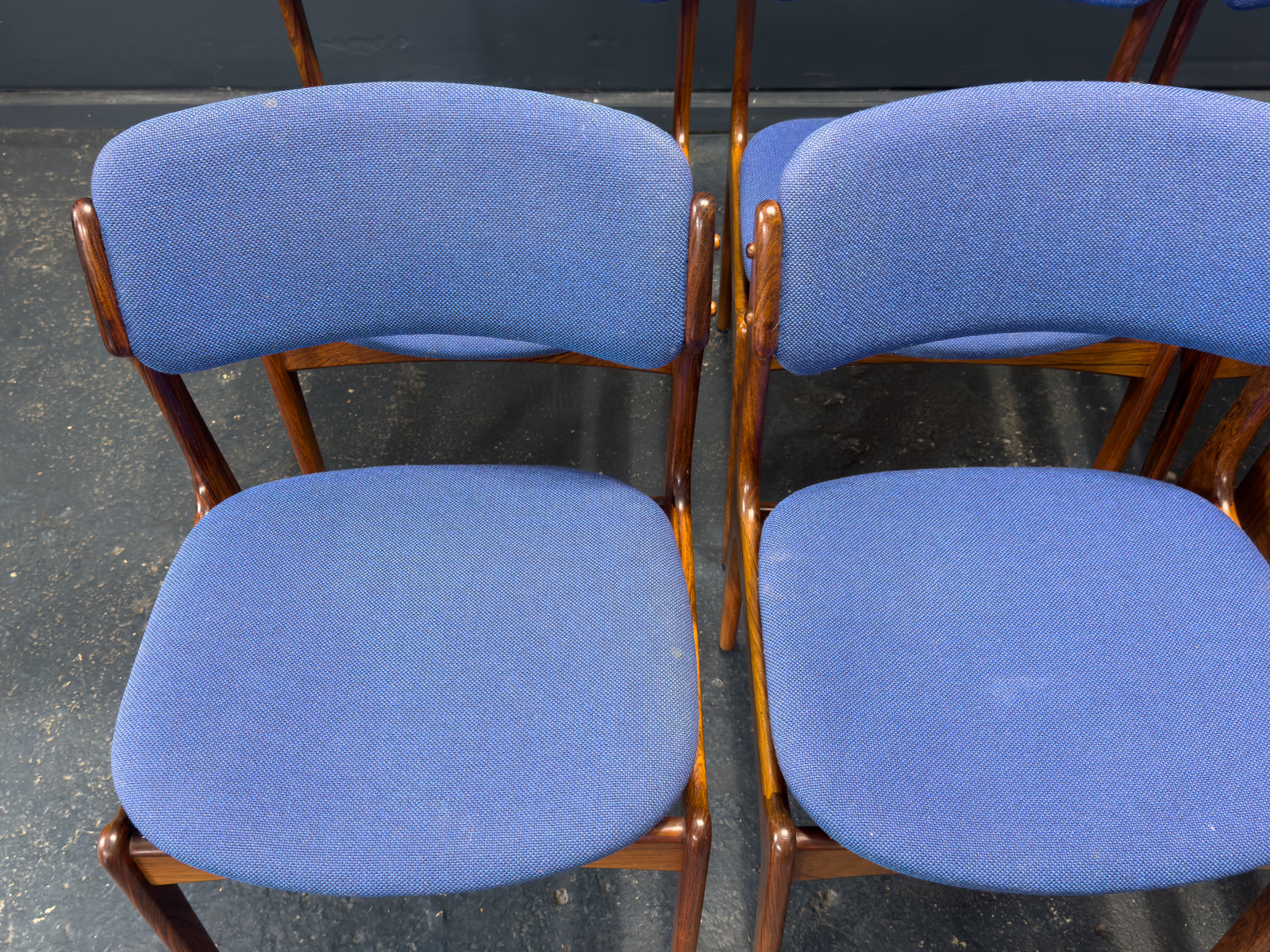 Set of 6 Erik Buch Model 49 Rosewood and Blue Upholstered Dining Chairs