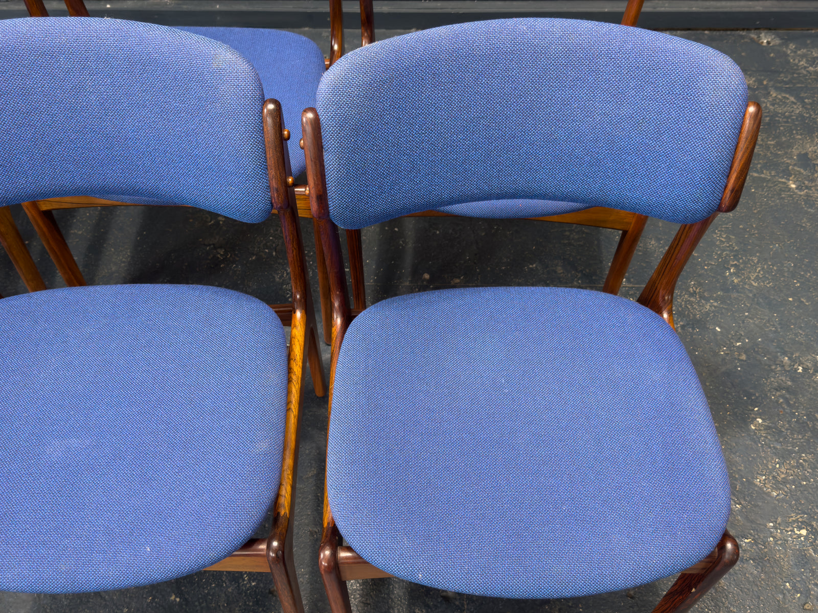 Set of 6 Erik Buch Model 49 Rosewood and Blue Upholstered Dining Chairs