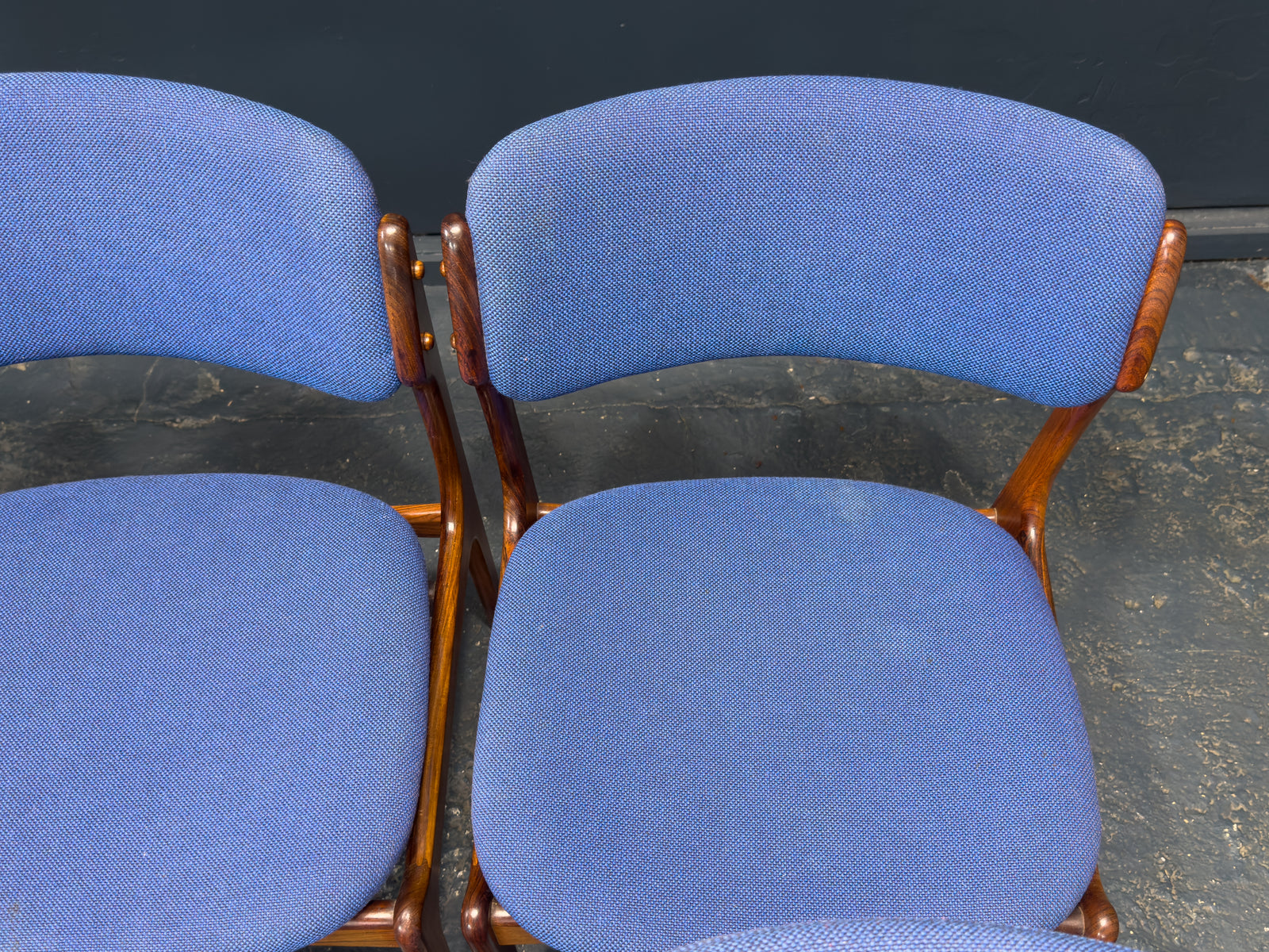 Set of 6 Erik Buch Model 49 Rosewood and Blue Upholstered Dining Chairs
