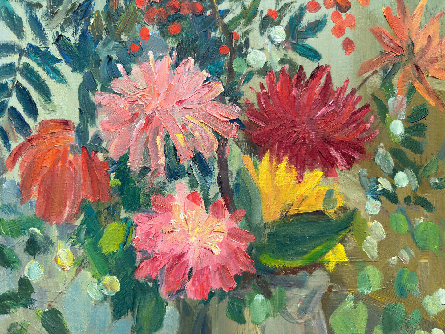 Still Life Painting of a Vase of Vibrant Flowers