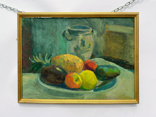 Still Life Painting of a Bowl of Fruit and Vase