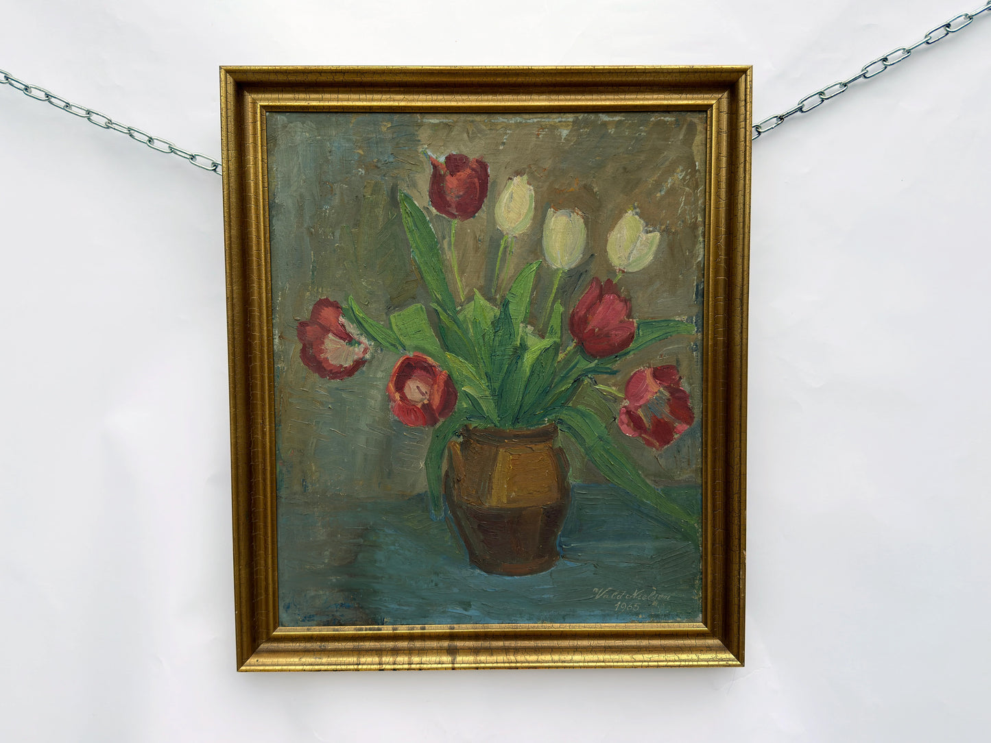 Still Life Painting of Red and White Tulips