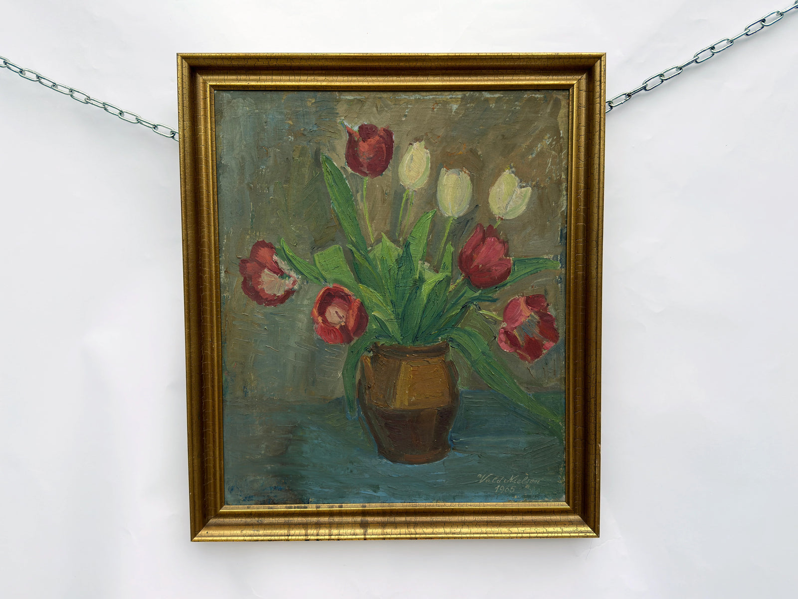 Yard sale Still Life Painting of Red and White Tulips