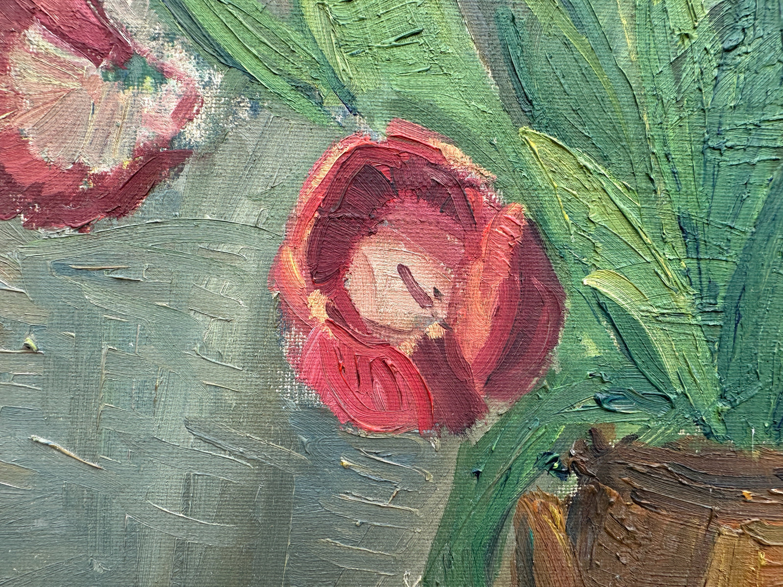 Yard sale Still Life Painting of Red and White Tulips