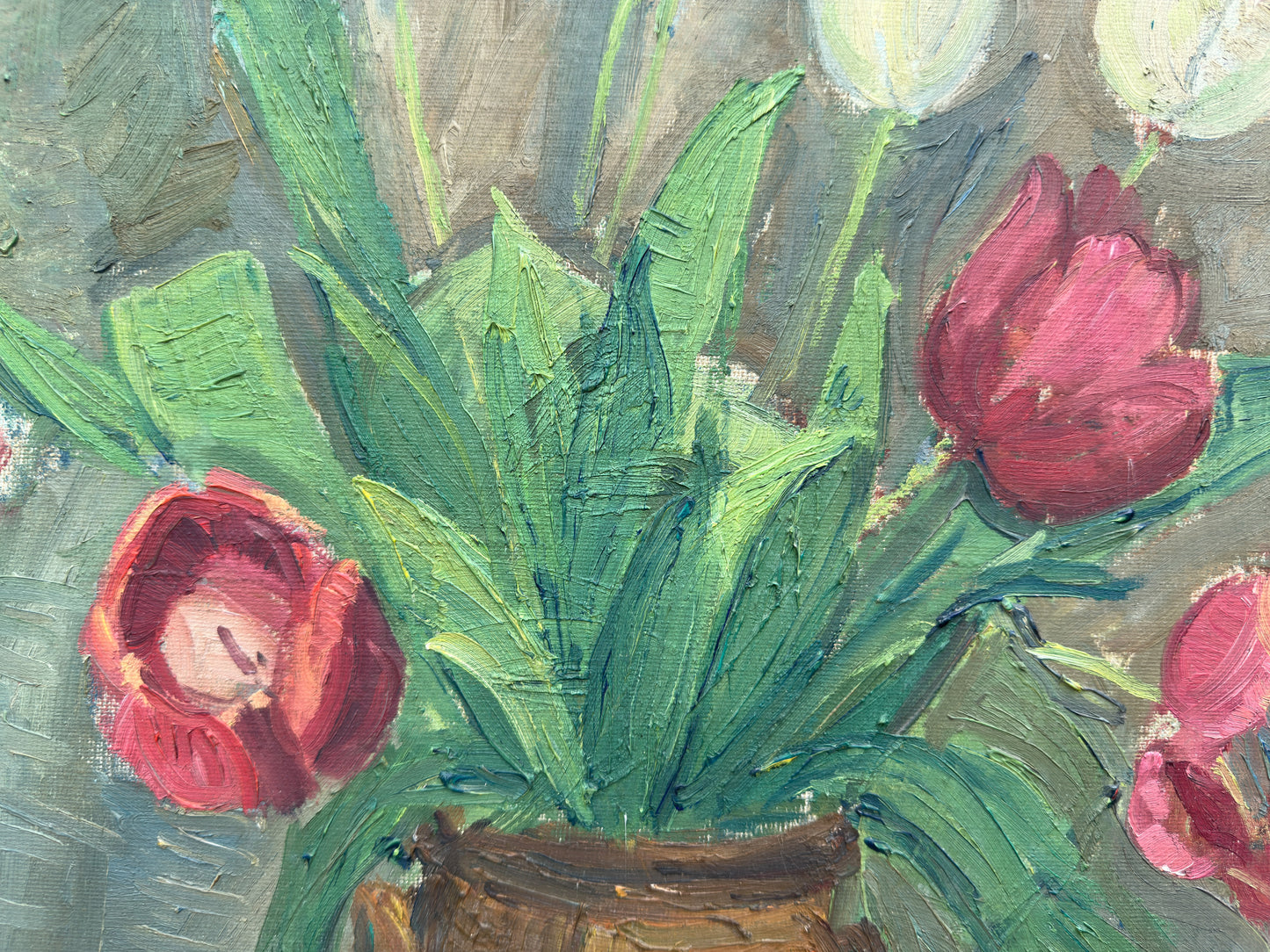 Still Life Painting of Red and White Tulips