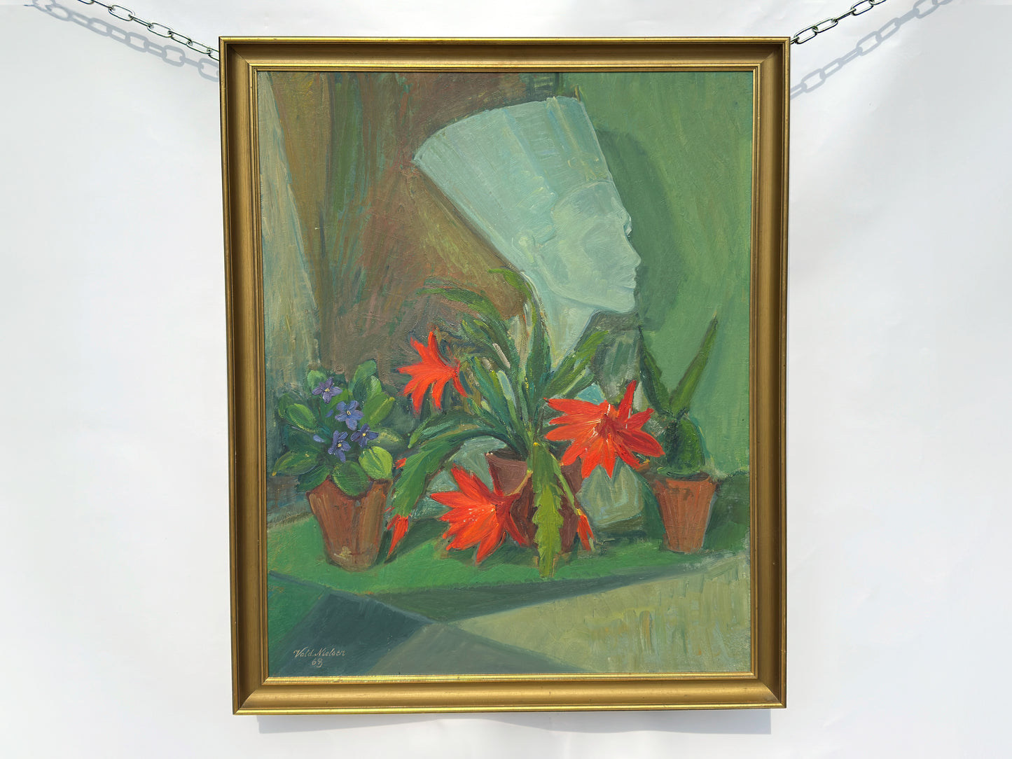 Still Life Painting of a Ceramic Bust and Floral Arrangement