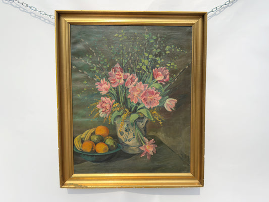 Still Life of Pink Flowers and Fruit