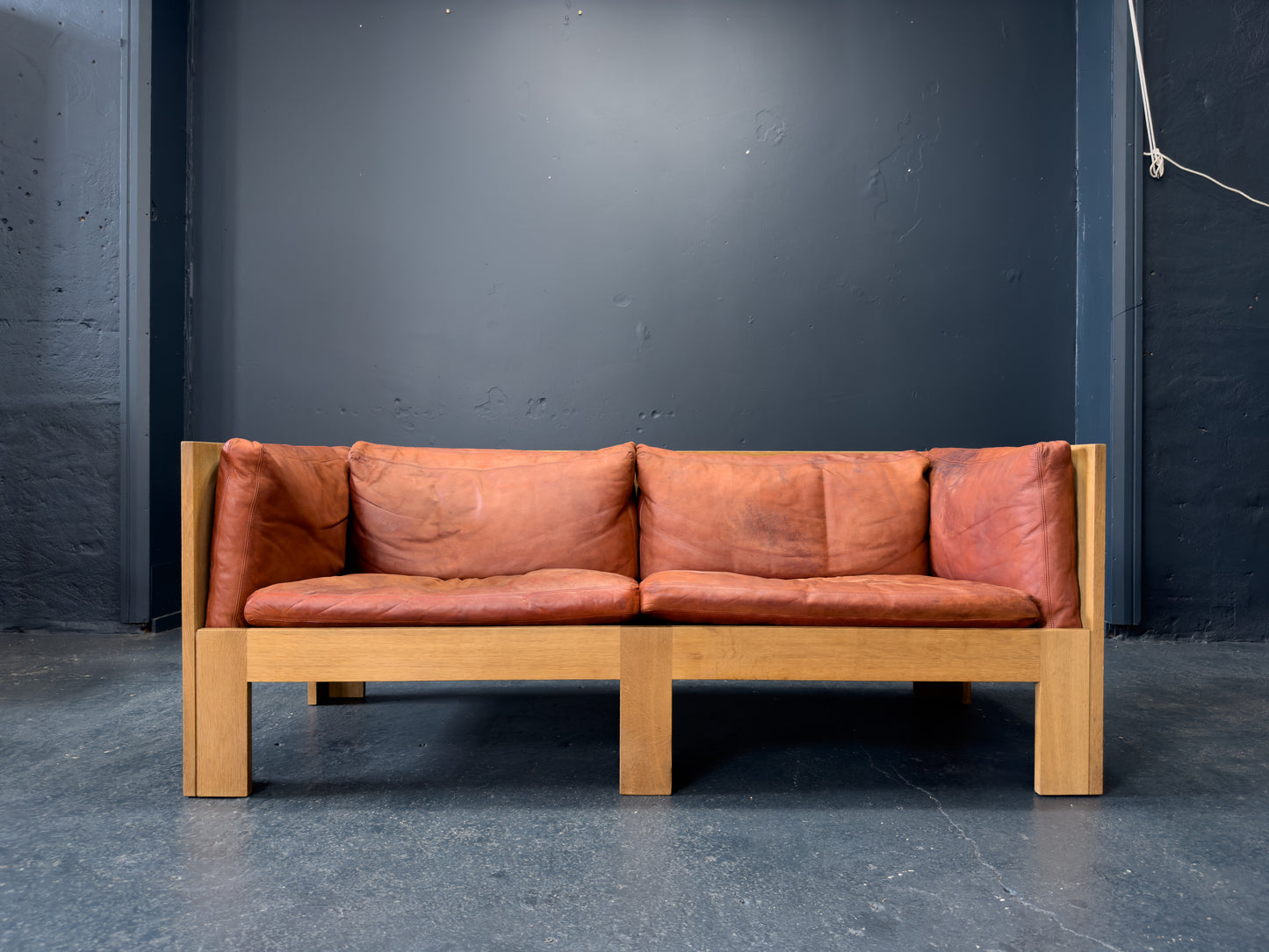 Tage Poulsen Red Leather and Oak Sofa