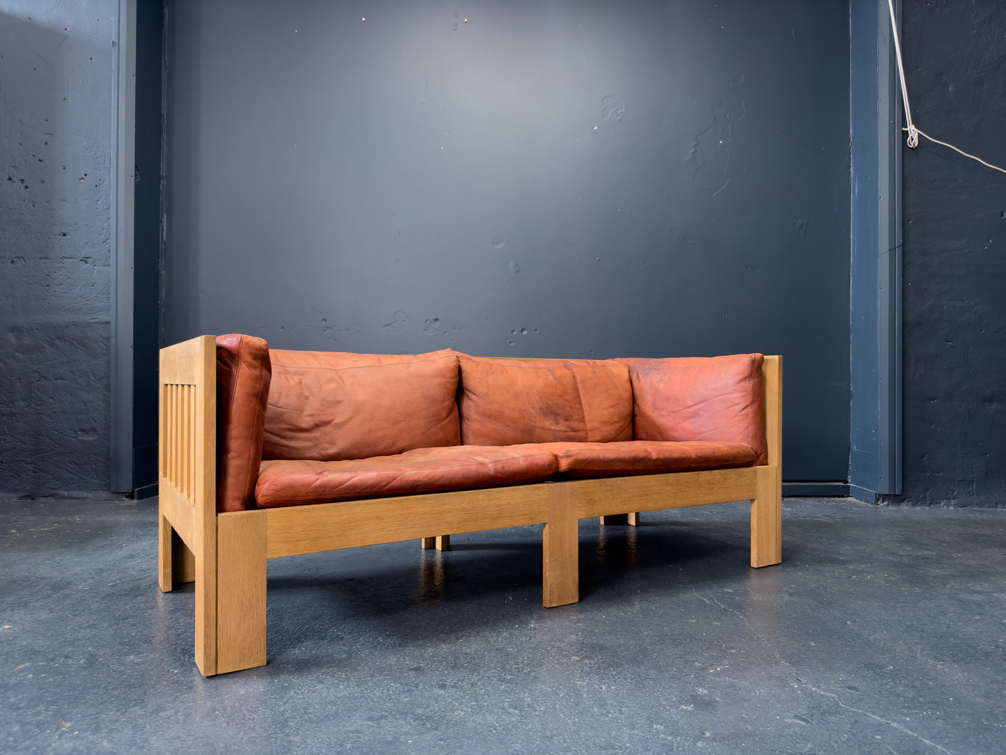 Tage Poulsen Red Leather and Oak Sofa