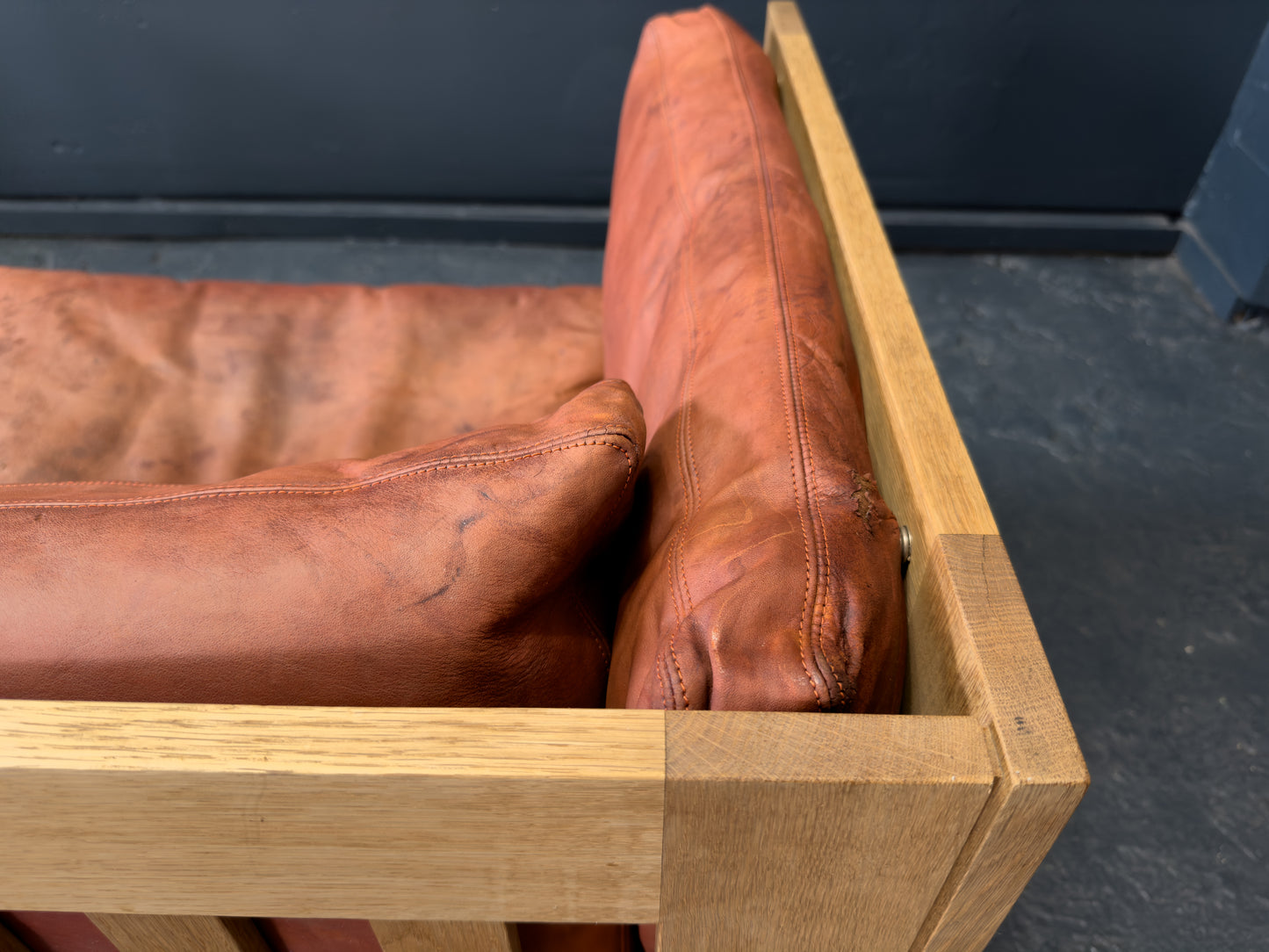 Tage Poulsen Red Leather and Oak Sofa