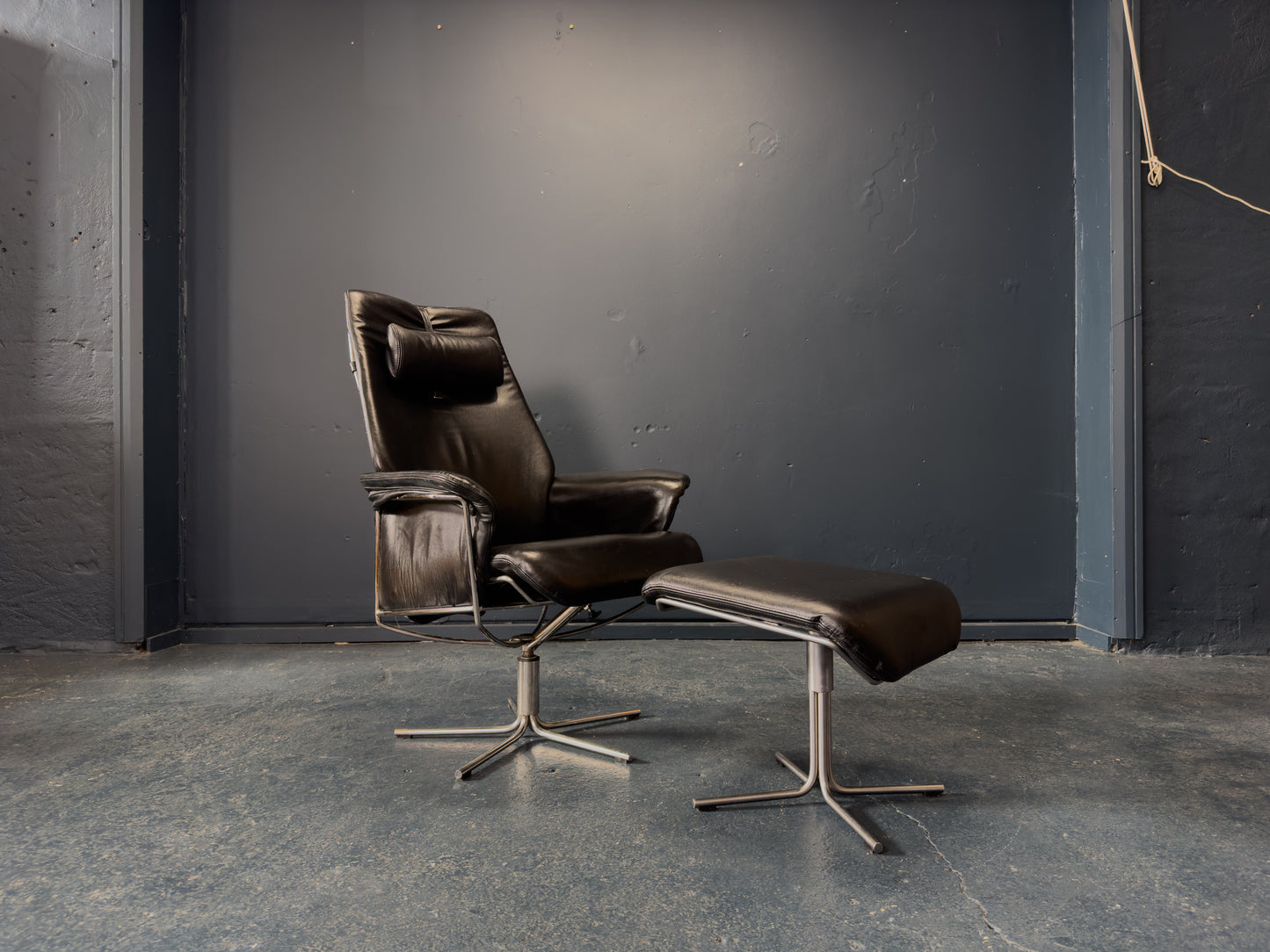 Black Leather Swivel Chair with Matching Footstool