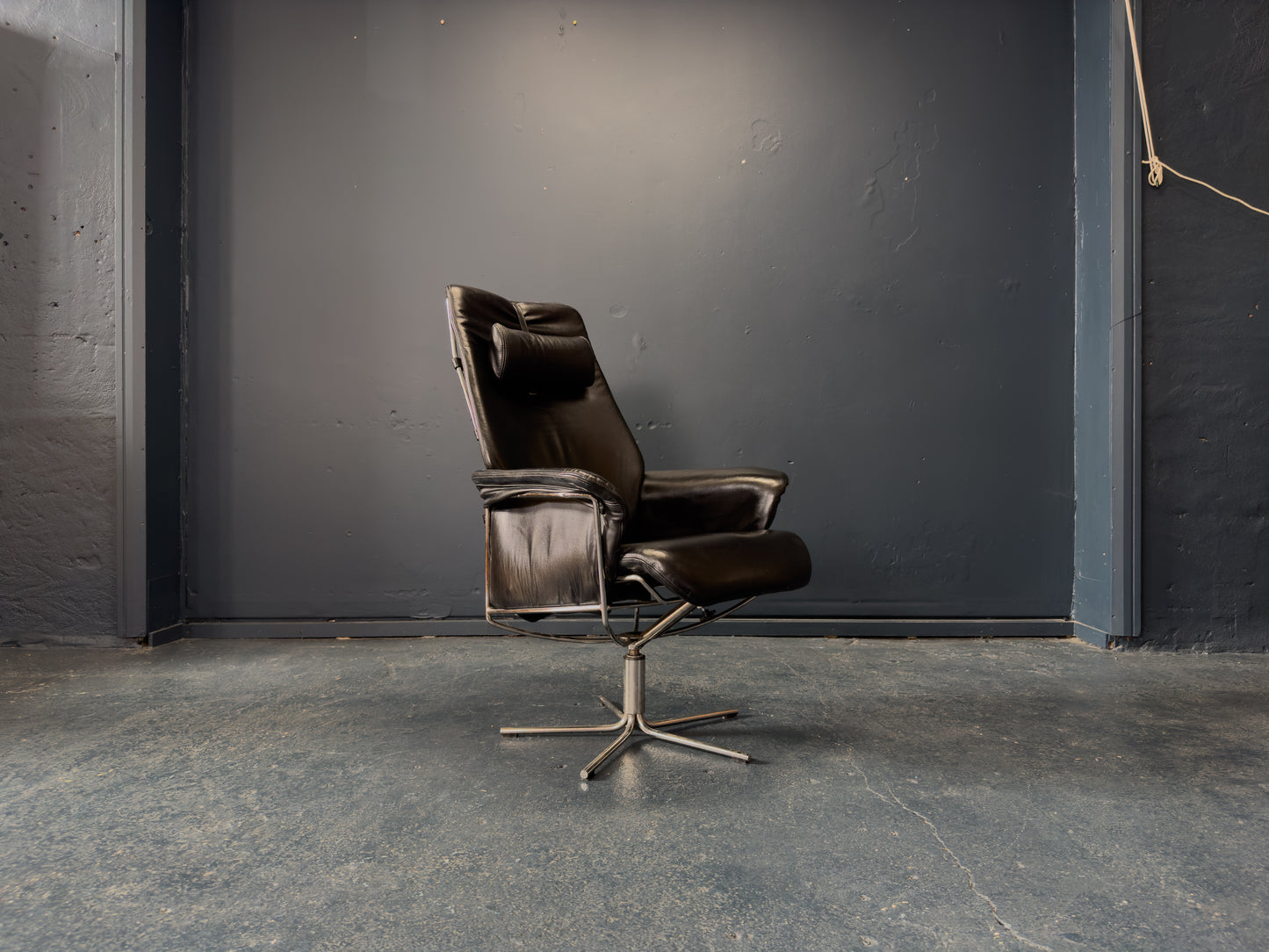 Black Leather Swivel Chair with Matching Footstool