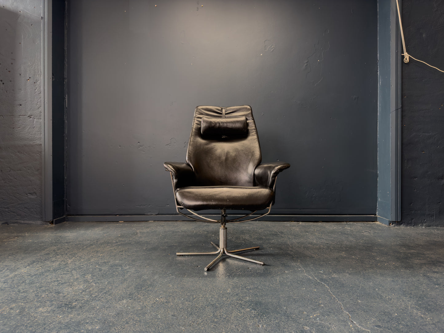 Black Leather Swivel Chair with Matching Footstool