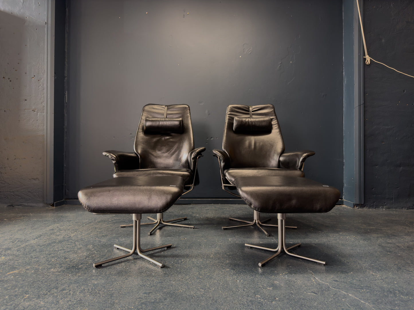 Black Leather Swivel Chair with Matching Footstool