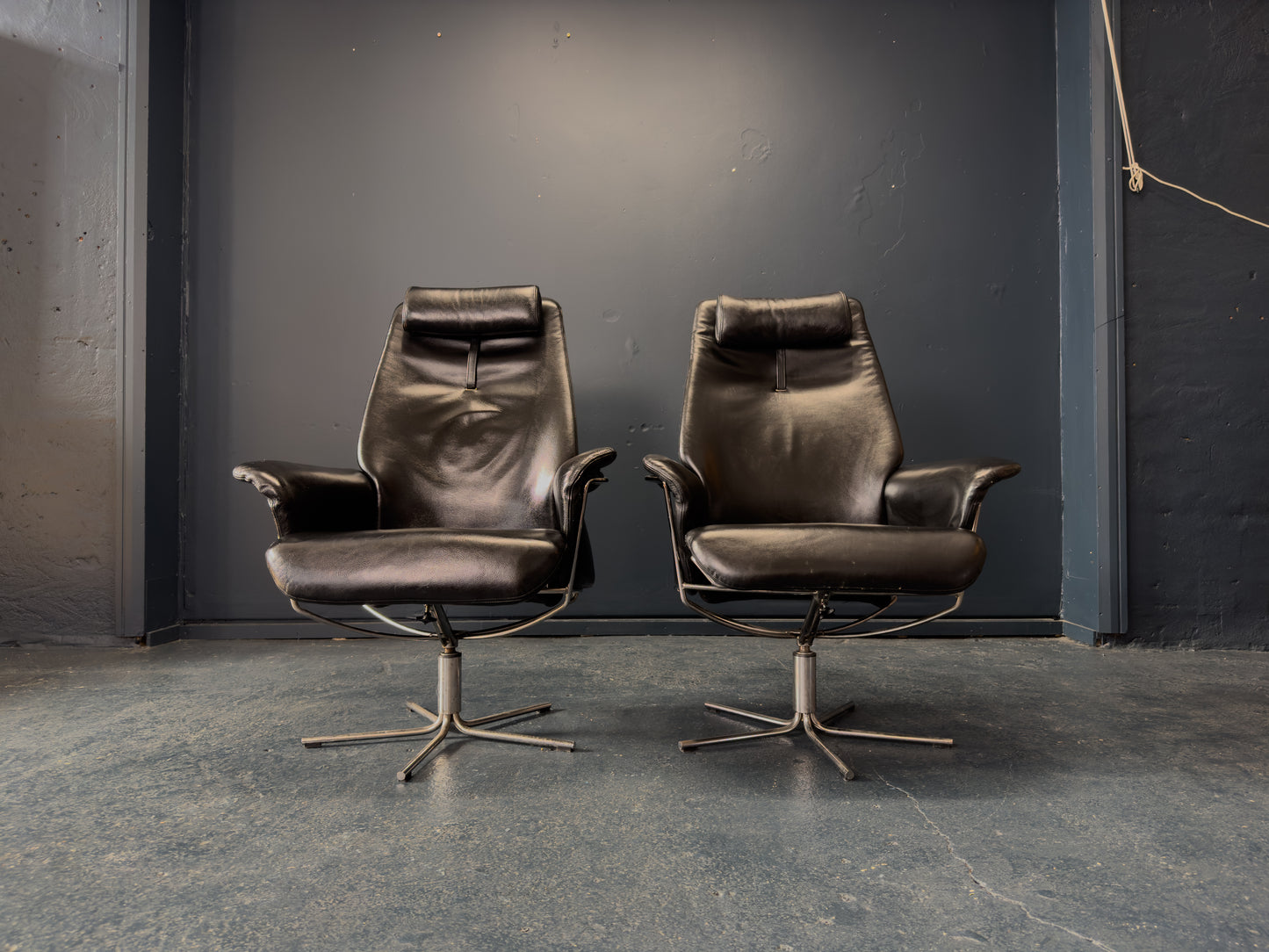 Black Leather Swivel Chair with Matching Footstool