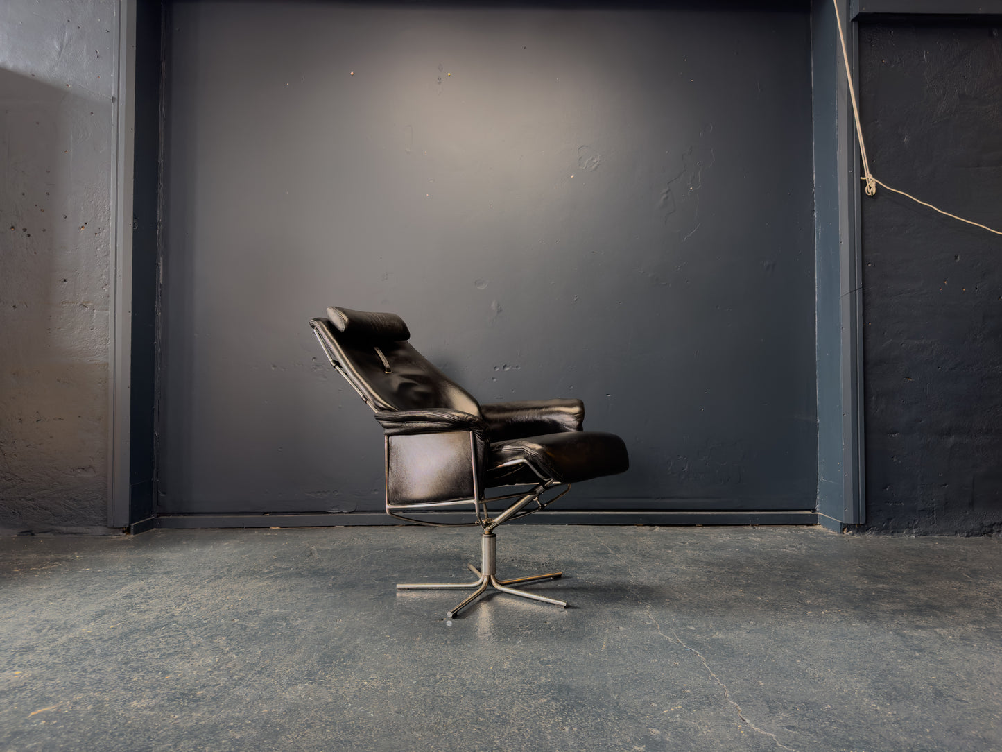 Black Leather Swivel Chair with Matching Footstool