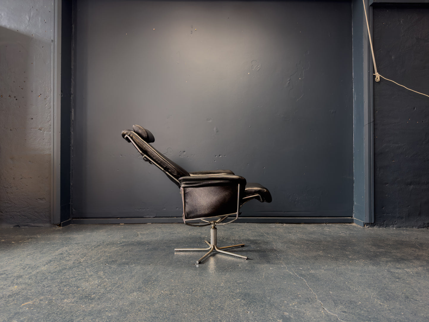 Black Leather Swivel Chair with Matching Footstool