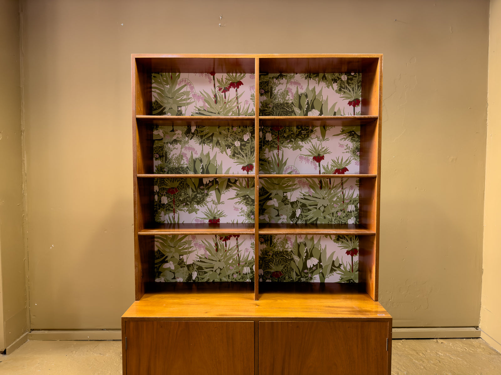Wooden Unit with Wallpaper Accents