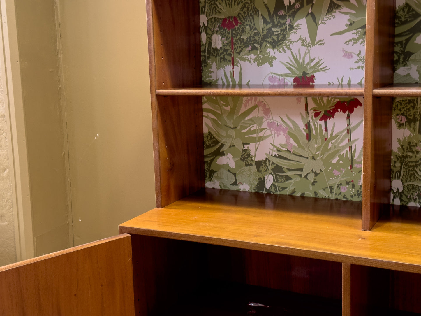 Wooden Unit with Wallpaper Accents