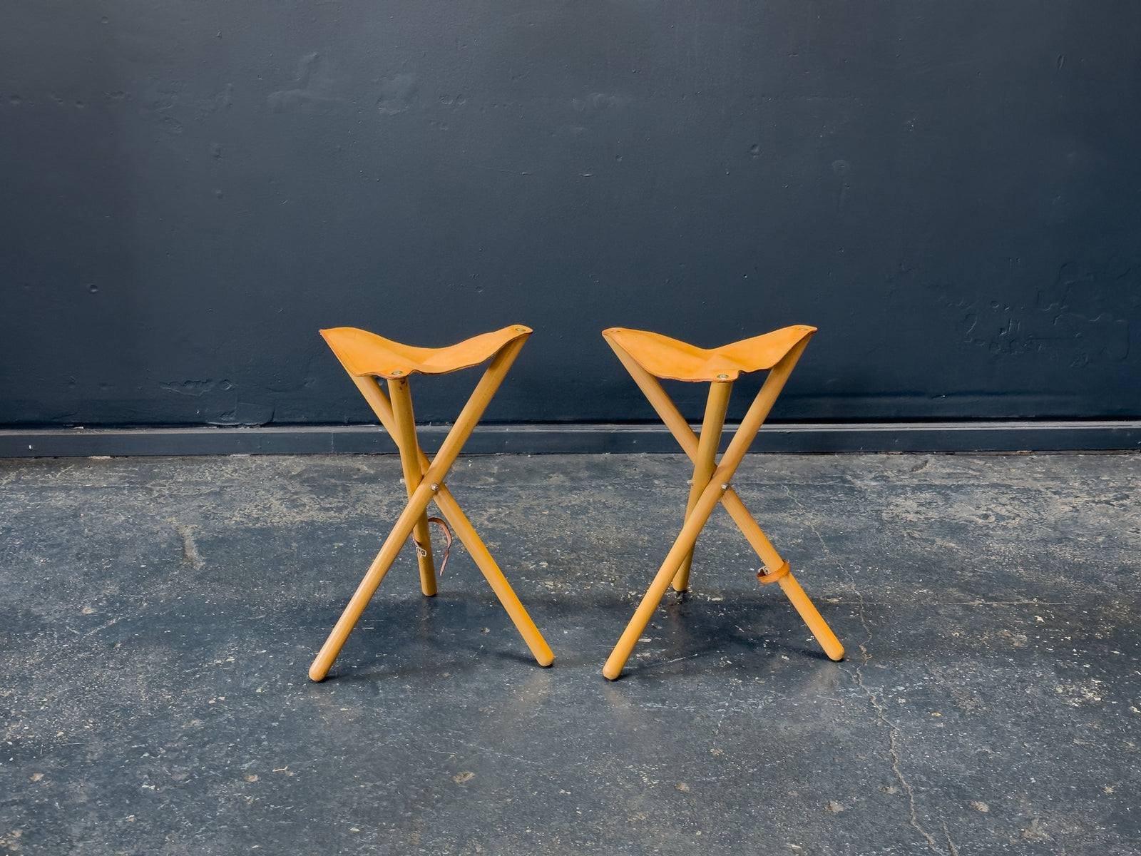 Leather and Oak Folding Stool