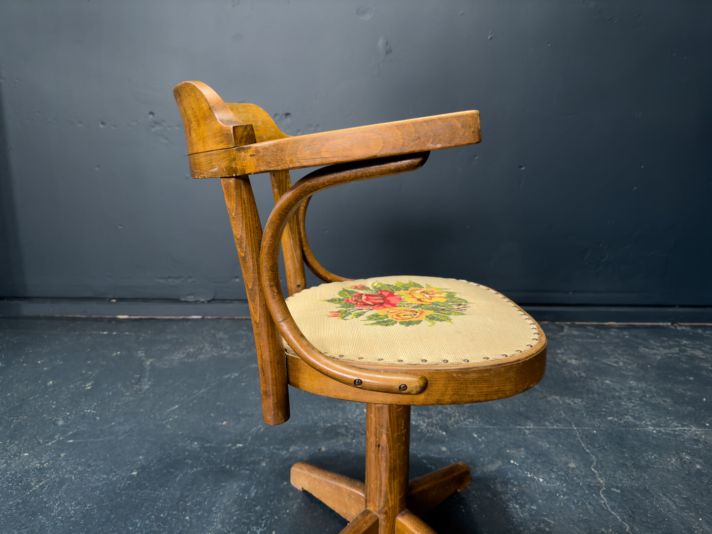 Oak Swivel Chair with Tapestry Seat