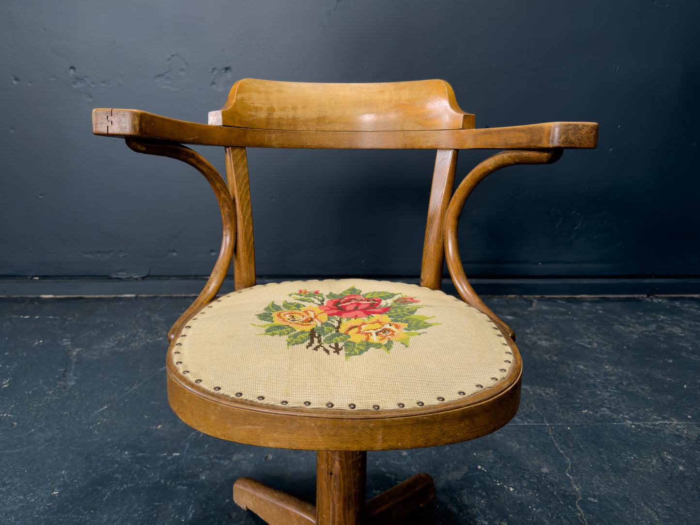 Oak Swivel Chair with Tapestry Seat