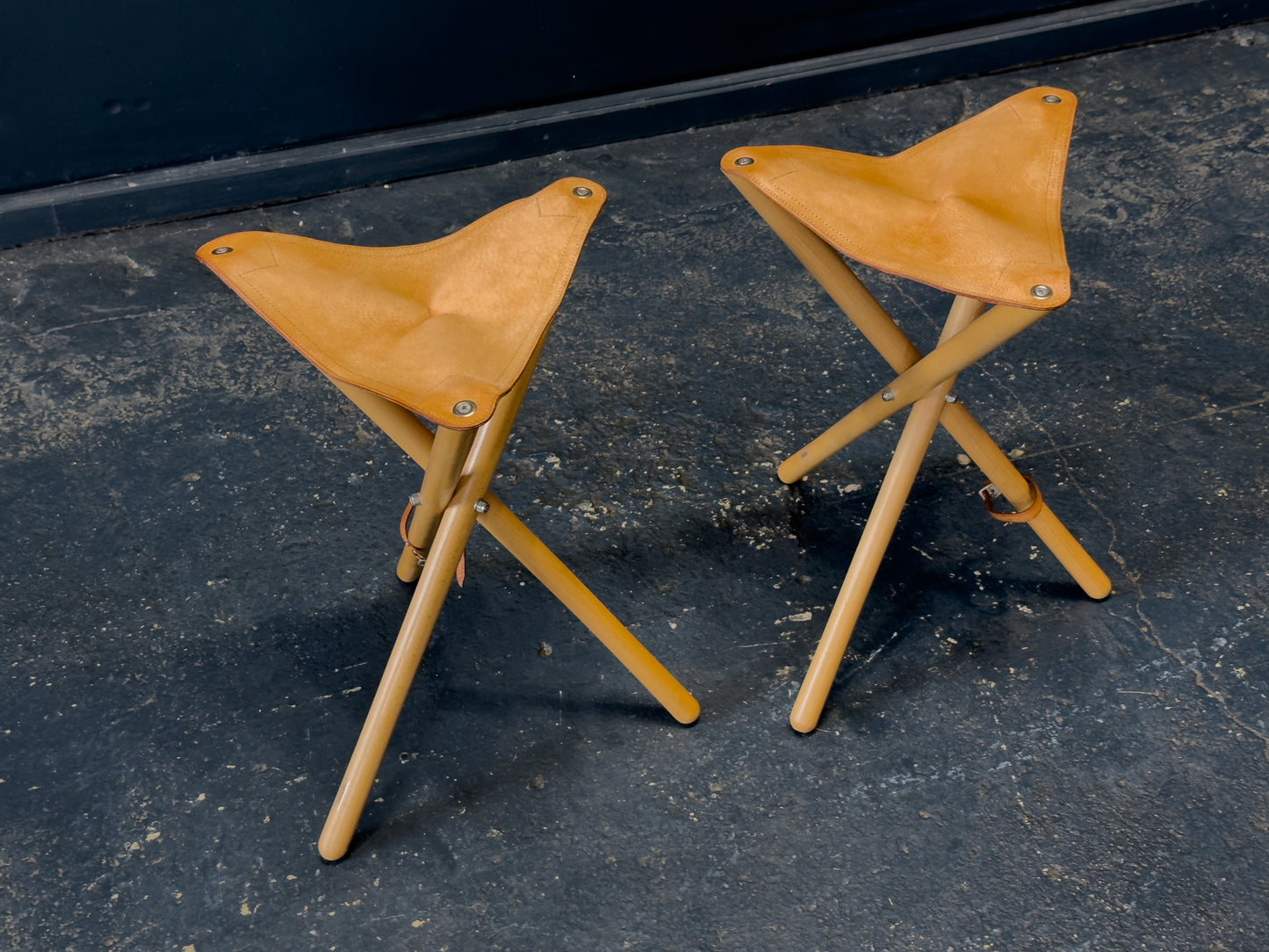 Leather and Oak Folding Stool