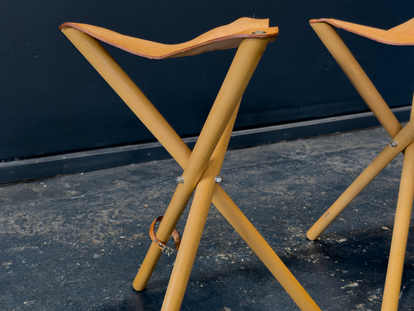 Leather and Oak Folding Stool
