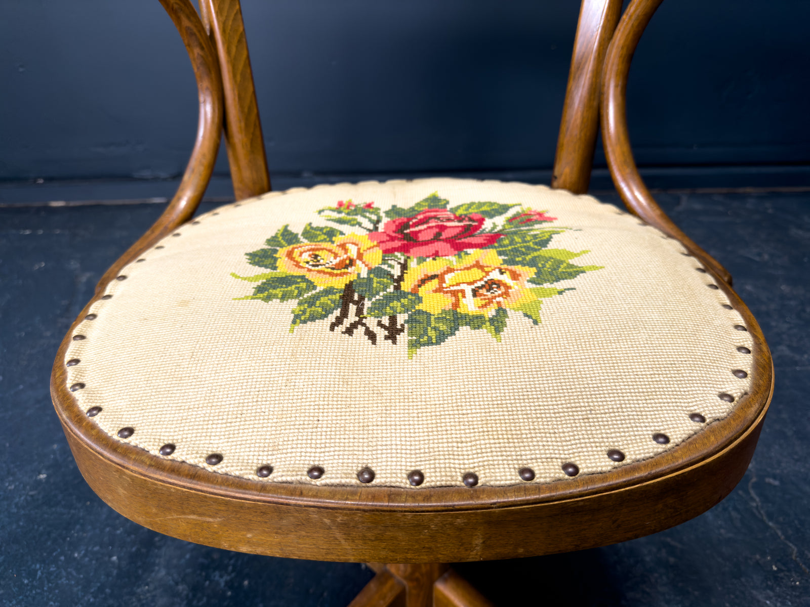 Oak Swivel Chair with Tapestry Seat