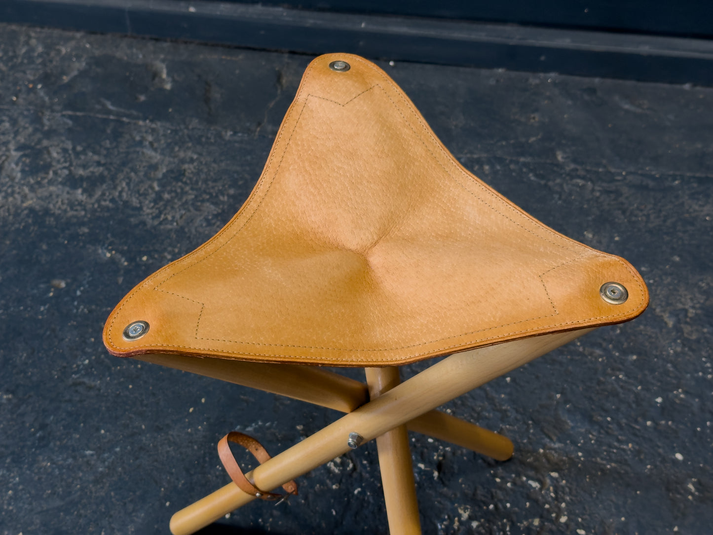 Leather and Oak Folding Stool