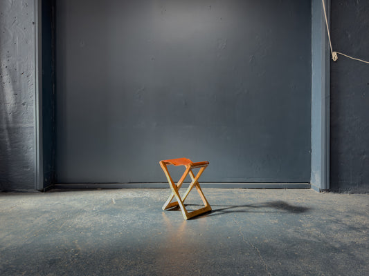 Leather and Pine Folding Stool