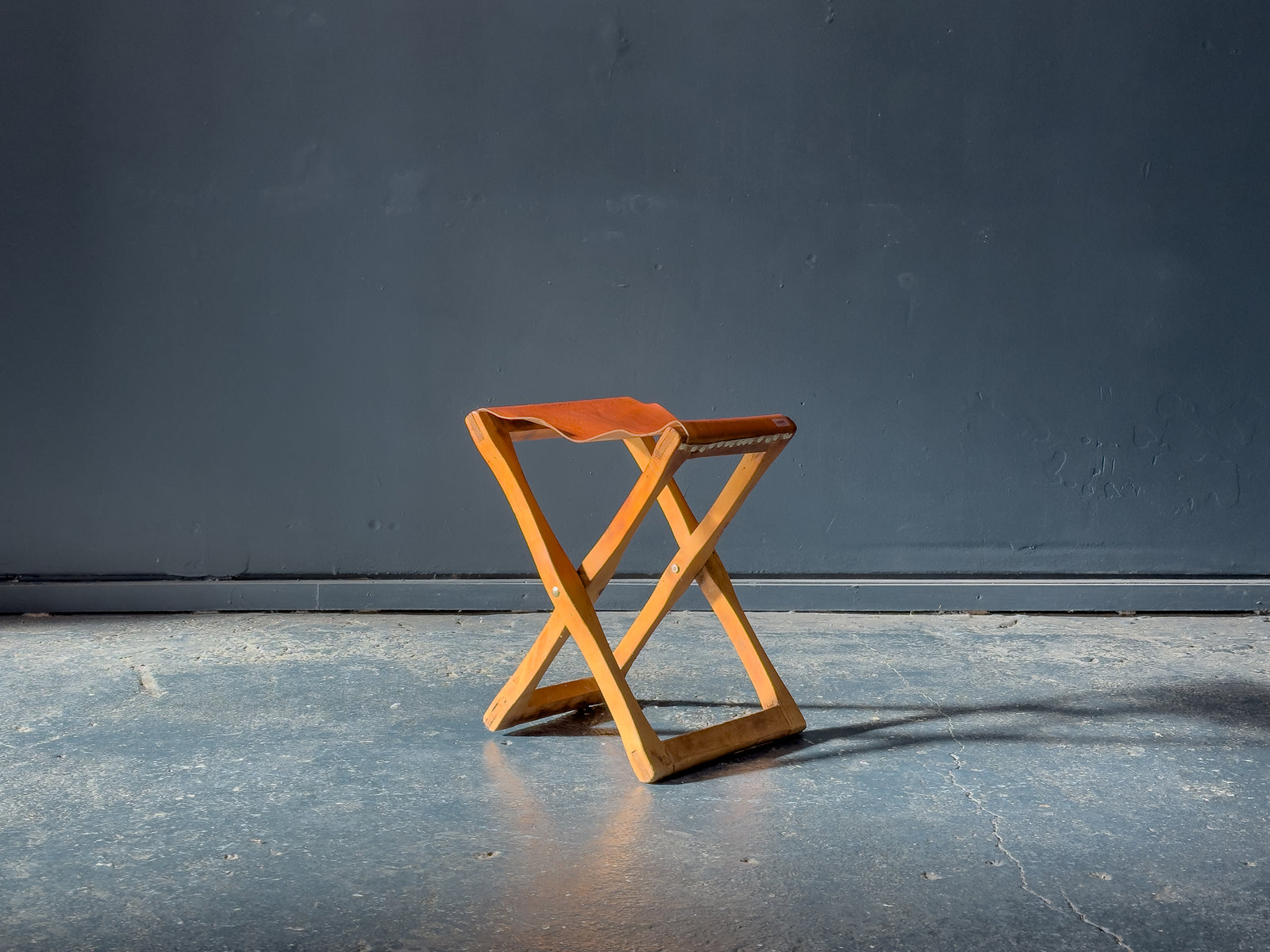 Leather and Pine Folding Stool