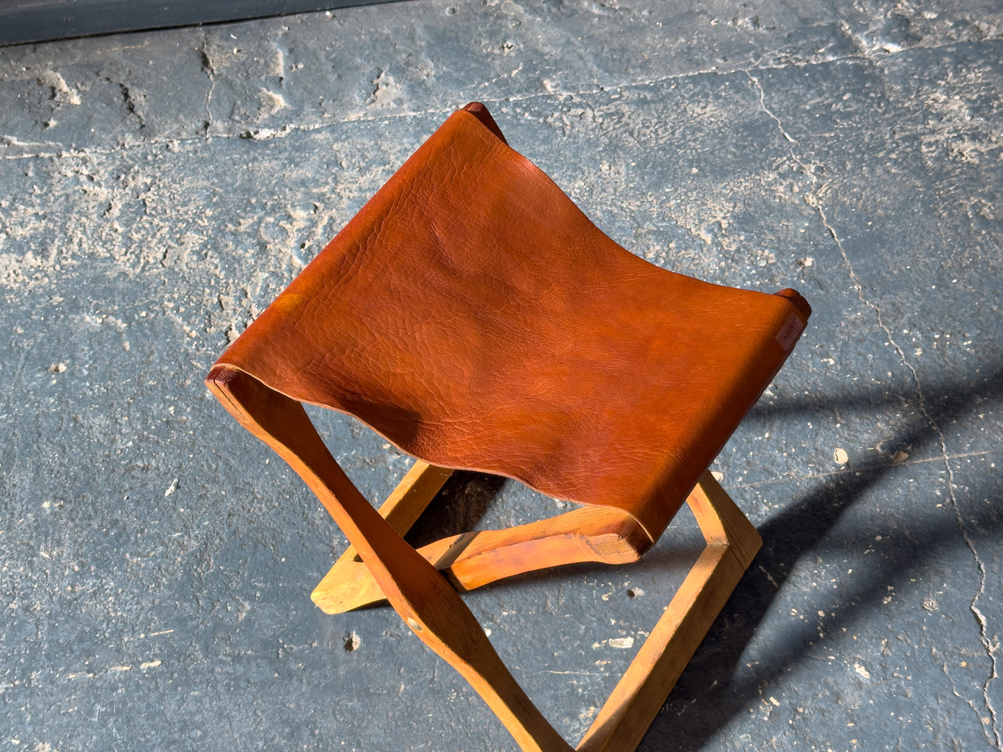 Leather and Pine Folding Stool
