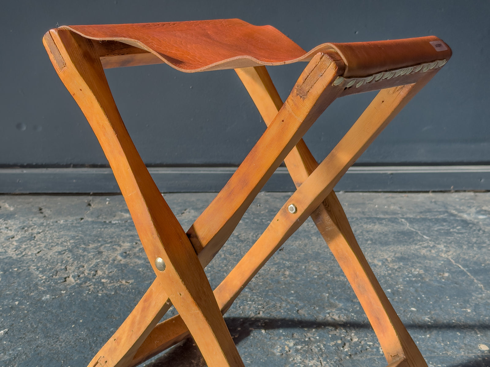 Leather and Pine Folding Stool