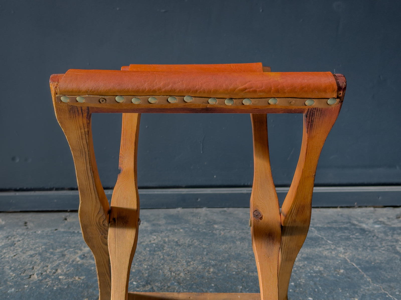 Leather and Pine Folding Stool