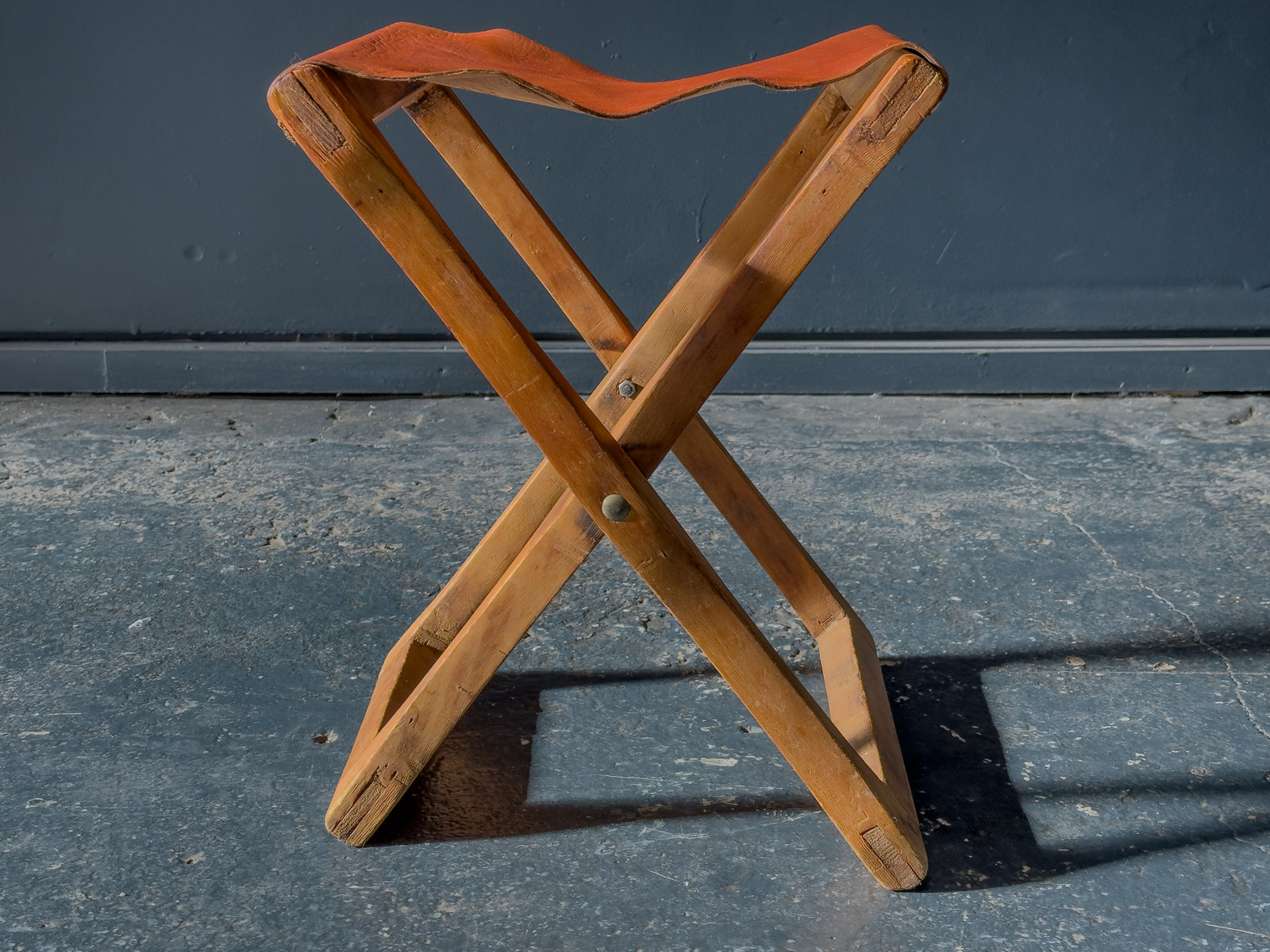 Leather and Pine Folding Stool