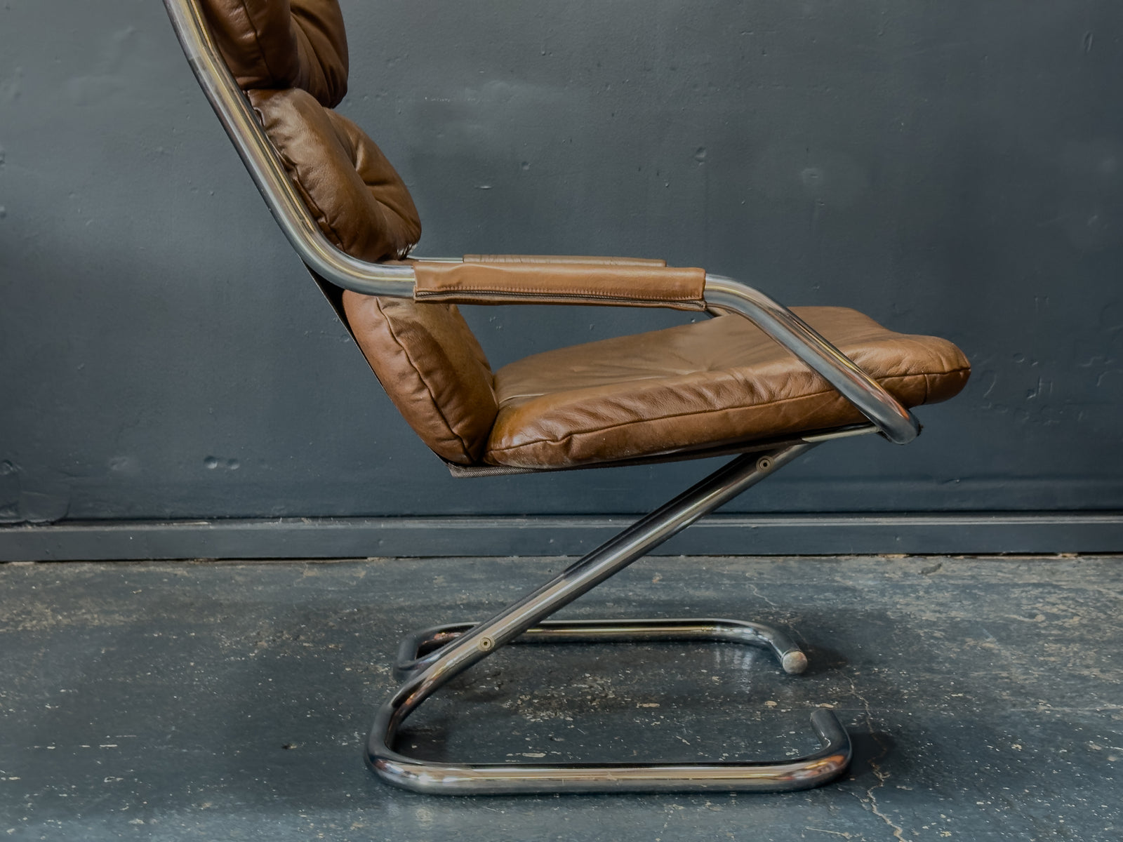 Chrome and Brown Leather Armchair