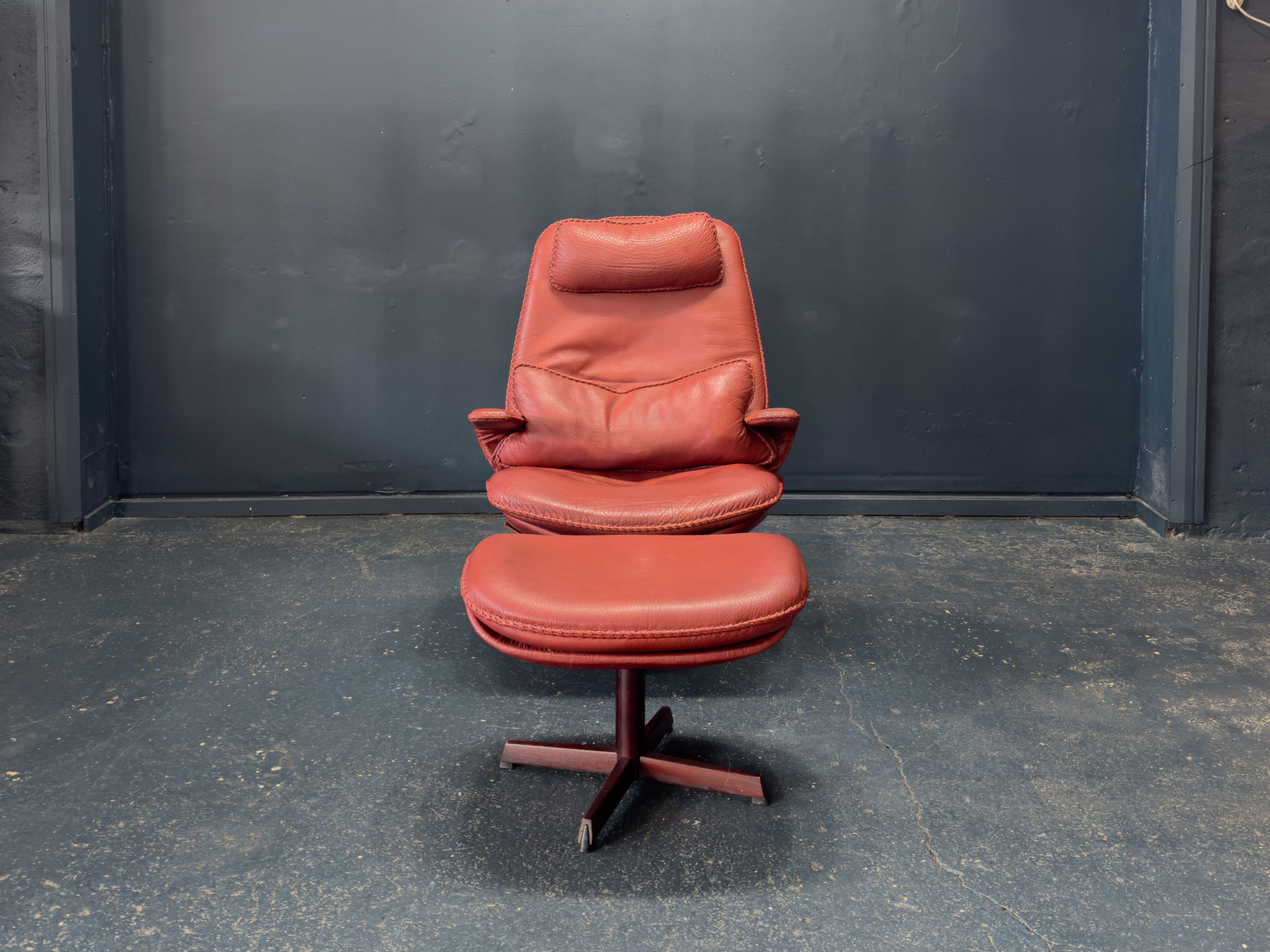 Madsen & Schübel Red Leather Swivel Armchair with Footstool